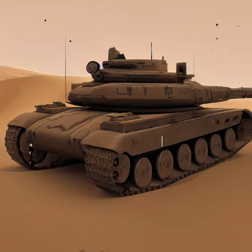 Image similar to futuristic tank in the dunes of desert by Yaroslav Kononenko, atmospherical, sand storm, concept art, high detail, sci-fi, cinematic, Artstation trending, octane render