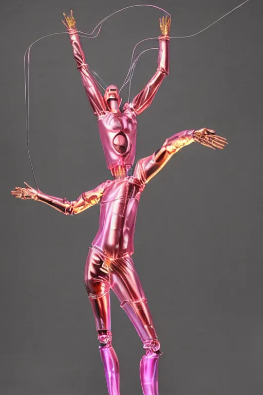 Image similar to full-body baroque and bladerunner style pink neon and chrome statue of a muscular handsome Spanish ninja robot god humanoid wearing a see-through silk cloak sim roupa, posing like a falling model, suspended from the ceiling with thick white cables, glowing peach face, street hoody of red steampunk lasers, emeralds, swirling silver silk fabric. futuristic elements. oozing glowing liquid, full-length view. space robots. human skulls. throne made of bones, intricate artwork by caravaggio. Trending on artstation, octane render, cinematic lighting from the right, hyper realism, octane render, 8k, depth of field, 3D