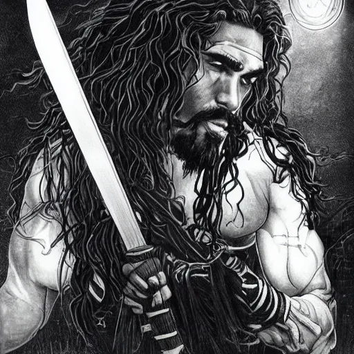 Image similar to pen and ink!!!! attractive 22 year old Frank Zappa x Jason Momoa x Jared Leto golden Vagabond magic swordsman glides through a beautiful battlefield magic the gathering dramatic esoteric!!!!!! pen and ink!!!!! illustrated in high detail!!!!!!!! by Hiroya Oku!!!!! Written by Wes Anderson graphic novel published on shonen jump 2002 award winning!!!!