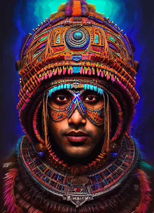 Image similar to portrait of suraj sharma, hyper detailed ultra sharp aztec shaman warrior. trending on artstation, warpaint aesthetic, bloodwave, colorful, psychedelic, ornate, intricate, digital painting, concept art, smooth, sharp focus, illustration, art by artgerm and greg rutkowski and h. r. giger, 8 k