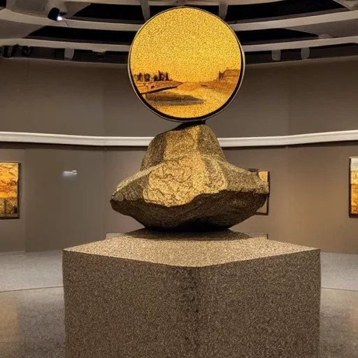 Prompt: Large reflective rock on a pedestal in a museum,detailed,digital art, in the style of a Instagram profile picture, majestic, golden hour