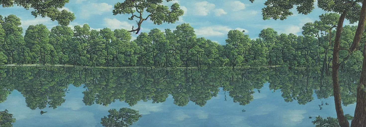 Image similar to escher painting of a lake, big trees reflecting on lake surface, ultra sharp, ultra detailed, colorized by salvador