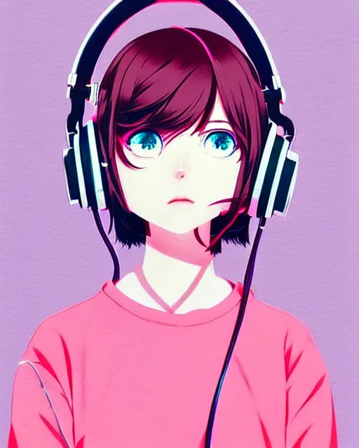 Prompt: girl wearing headphones, city background, very anime!!! anime!! intricate details, pleasing pastel colors, poster background, art by conrad roset and ilya kuvshinov