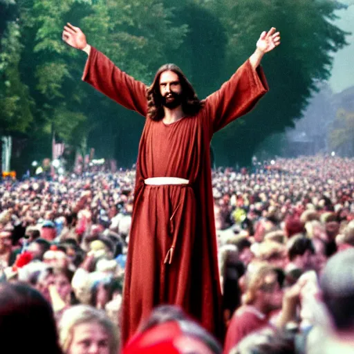 Prompt: jesus at the love parade