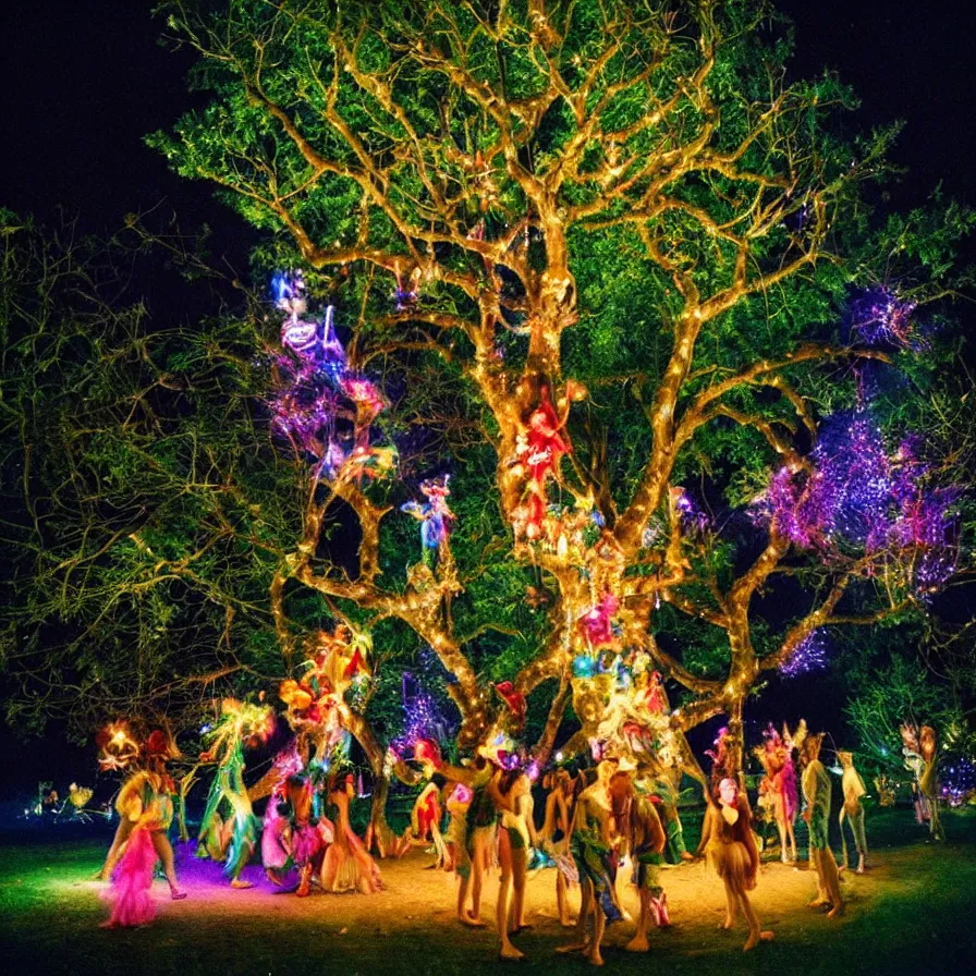 Image similar to a night carnival fairies around a magical tree next to a lake with iridiscent water, christmas lights, volumetric lightning, creatures and fantastic people disguised as fantastic creatures in a magical forest by summer night, masterpieceunderwater scene, masterpiece painted by slim aarons, scene by night