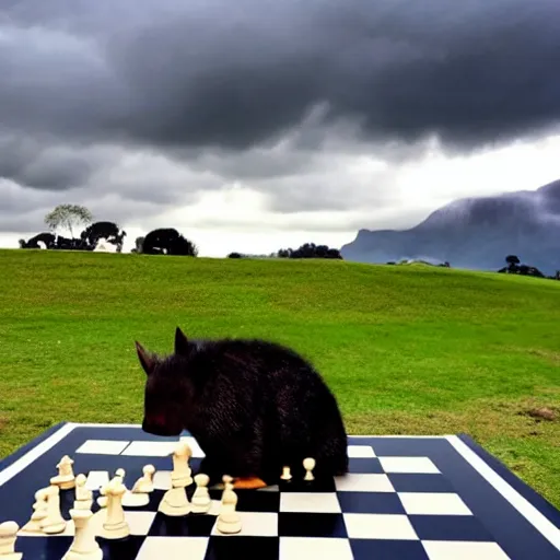 Prompt: crazy wombat playing chess in stellenbosch de zalze with dark clouds and lighting