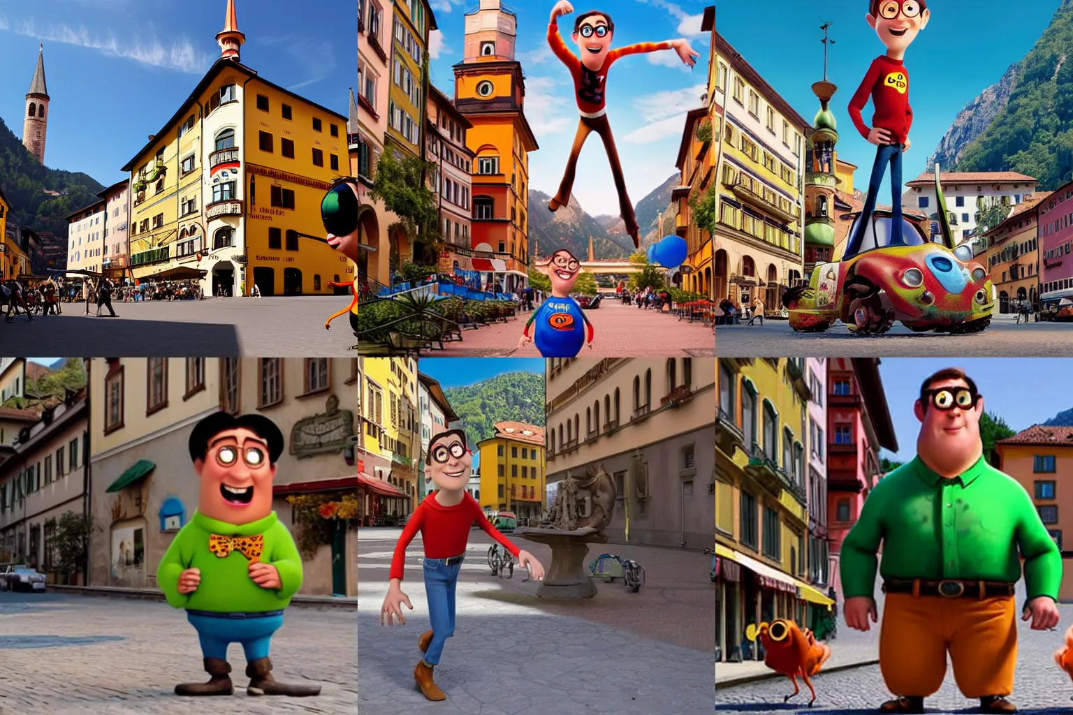 Prompt: In the city of Bolzano the main character from the animated Pixar movie is running, directed by John Lasseter