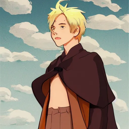 Image similar to blonde boy with glowing eyes wearing a brown cape and flying, in the style of studio ghibli, artgerm