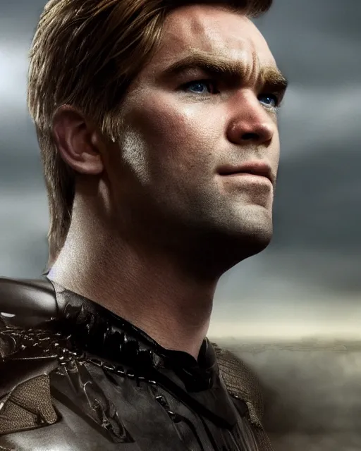 Image similar to an epic dramatic portrait of blonde antony starr as the homelander, john homelander, superhero from the boys tv show, very low angle, detailed face, epic art, trending on artstation, deviantart, high detail, high definiton, ultra realistic, hyper realistic, photo realistic, 4 k uhd