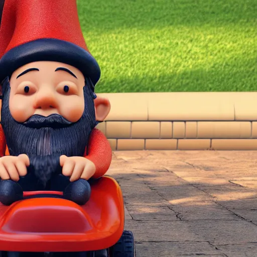Prompt: gnome wearing red hat sitting on fancy riding lawn mower in backyard afternoon 2019 Pixar render SSAO ray marching black and orange lawn mower designed by Ikuo Maeada