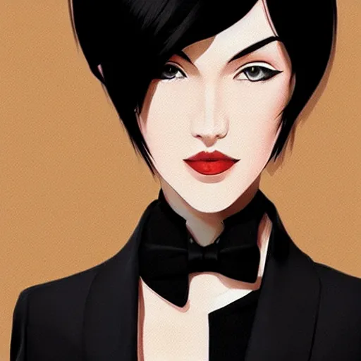 Image similar to slim girl in tuxedo with short black hair, elegant, 2d, ultra highly detailed, digital painting, smooth, sharp focus, artstation, art by Ilya Kuvshinov