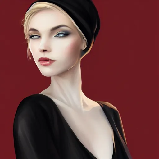 Prompt: beautiful woman in a black dress, full length photo, wearing a white hat and a red scarf, head bowed slightly, looking mischievously and mysteriously at the camera, wavy blond hair, knees upturned, very beautiful woman, 4k highly detailed, digital painting, artstation, concept art, matte, sharp focus, illustration, art by Sandra Pelser and Joshy Sly