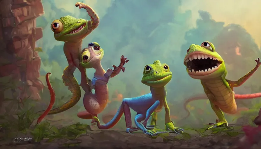 Prompt: very very very cute lizards by Max Kostenko and Bobby Chiu, disney, pixar, MPC, Framestore, character design for animation, video game character, cute, adorable, uplight, a lineup of characters, big disney eyes, symmetrical eyes, cuteness, 3d render, octane rendered, highly detailed, cinematic lightning, rendered by maya and houdini, highly detailed, unreal engine, Trending on Artstation, octane render, 4k, 8k, HD, oil on Canvas by Elena Zhurikhina and Goro Fujita and Charlie Bowater