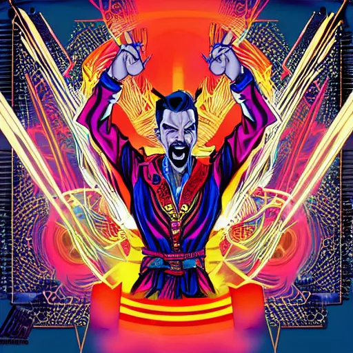 Image similar to artgerm, psychedelic laughing cybertronic dr. strange, rocking out, headphones dj rave, digital artwork, r. crumb, svg vector