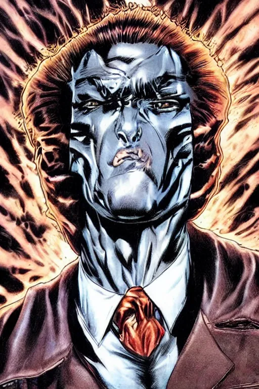 Image similar to ultra violent comic book cover of a contract killer named cobalt. he wear a brown leather jacket and a white shirt. he has a prominent scar up the side of his face. art by glenn fabry.