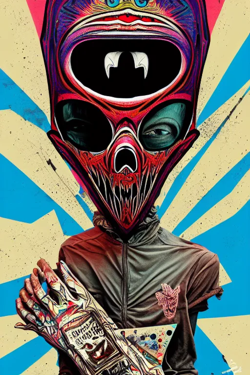 Prompt: random skateboarder with scary mask, pop art, aesthetic art, 8 k, asymmetrical, high details, digital painting, concept art, smooth, sharp focus, illustration, intricate, art by arstation and mimmo rottela, pixels art by paul robertson