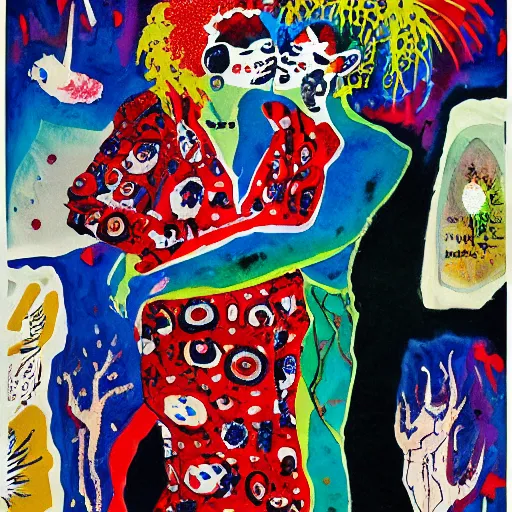 Image similar to watercolor painting of two bizarre psychedelic women kissing in japan in winter, speculative evolution, mixed media collage by basquiat and jackson pollock, maximalist magazine collage art, sapphic art, psychedelic illustration