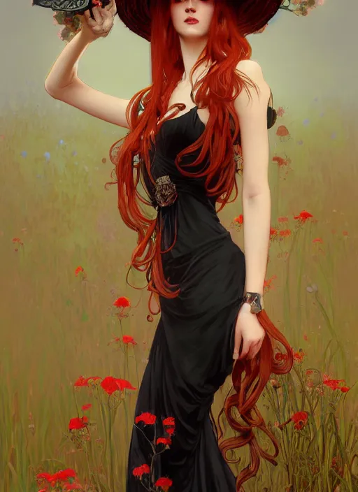 Image similar to a highly detailed illustration of tall beautiful red haired lady wearing black spaghetti strap dress and sun hat, elegant pose, perfect face, perfect body, perfect eyes, by alphonse mucha, intricate, elegant, highly detailed, centered, digital painting, artstation, concept art, smooth, sharp focus, league of legends concept art, wlop.