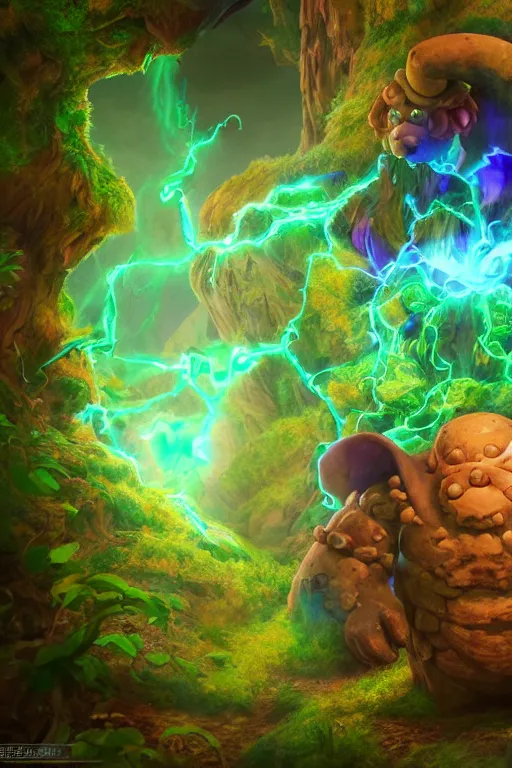 Image similar to arcane fantasy art giant golem elemental wood rock bastion forged gemstone enchanted forest troll, global illumination ray tracing hdr fanart arstation by sung choi and eric pfeiffer and gabriel garza and casper konefal lisa frank zbrush central hardmesh radiating a glowing aura