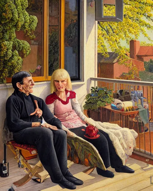 Image similar to a painting of leonard nimoy and janice rand sitting on a porch, a fine art painting by andre charles bieler and by ernest bieler and by jacob philipp hackert, shutterstock contest winner, german romanticism, wimmelbilder, detailed painting, academic art