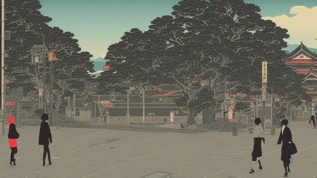 Image similar to a very high detailed image of Two women start crossing the road in front, very high detailed screen print by Kawase Hasui and dan hillier, 8k unreal engine