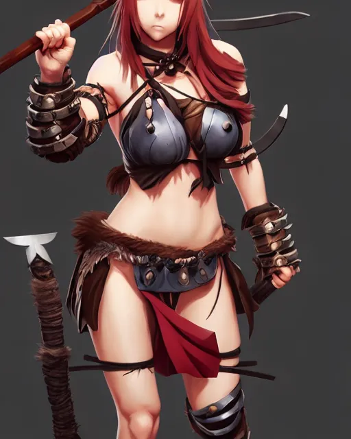 Image similar to character concept of an anime barbarian huntress | | cute - fine - face, pretty face, bikini armor, realistic shaded perfect face, fine details by stanley artgerm lau, wlop, rossdraws, james jean, andrei riabovitchev, marc simonetti, and sakimichan, trending on artstation
