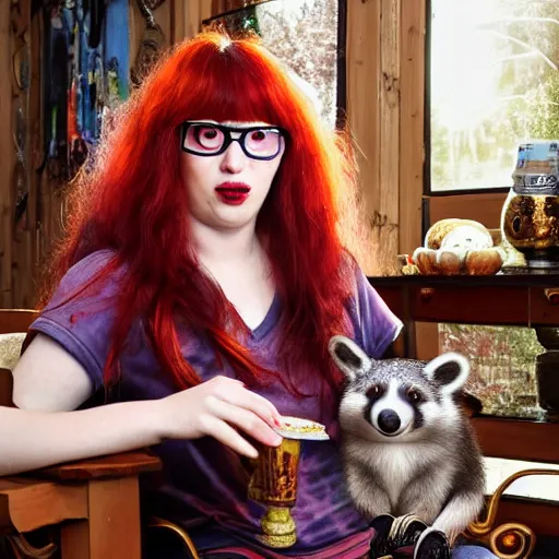 Prompt: a stunning hyper-detailed portrait photo of a bespectacled woman with long red hair and bangs, wearing a tie-dye t-shirt, wearing steampunk headphones and posing with her raccoons and parrots in an overstuffed easy chair in her sunlit living room, holding a coffee cup and a donut and smoking an elaborate hookah, perfect eyes, octane render, unreal engine, 85 mm lens,