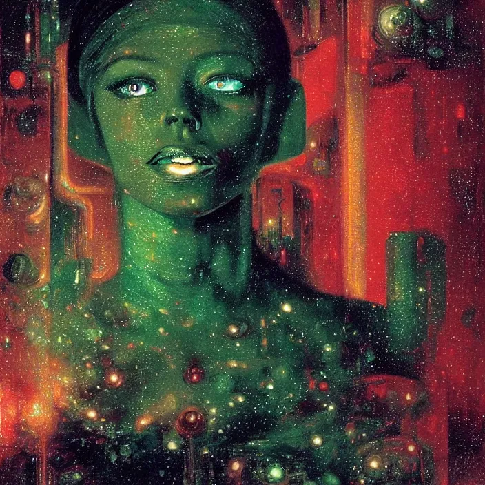 Prompt: beautiful female portrait, red and green palette, night lights, starry sky, by ( h. r. giger ) and paul lehr