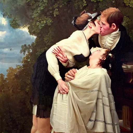 Prompt: A hyperdetailed portrait of Kate Middleton and Meghan Markle French kissing with lots of spit and drool. Black oil bath. 1790s. In the style of Norman Rockwell and Boris Vallejo.