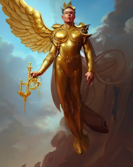 Prompt: character portrait of a male angel of justice with golden wings, by peter mohrbacher, mark brooks, jim burns, marina abramovic, wadim kashin, greg rutkowski, trending on artstation