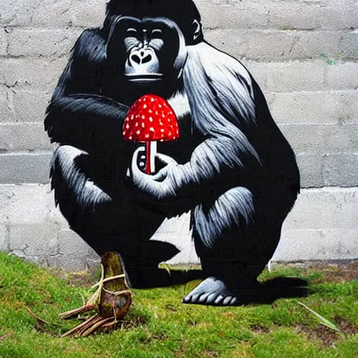 Image similar to gorilla holding an amanita muscaria made by banksy