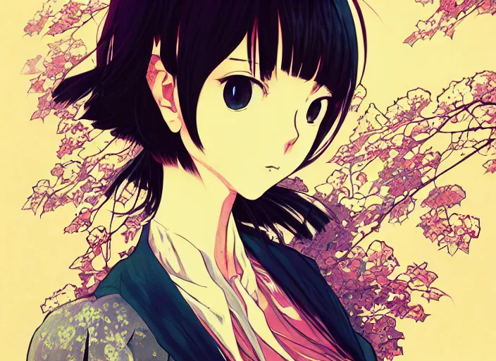 Image similar to yoh yoshinari editorial illustration colorful anime portrait of shiina ringo, murata range, manga, ilya kuvshinov, fine texture, detailed, matte colors, perfect anime face, cinematic dramatic lighting, film grain, dynamic composition, moody, vivid,, volumetric, alphonse mucha, fine stippled, katsuhiro otomo