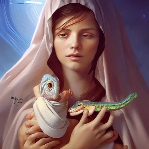 Image similar to surrealist close up illustration of the virgin mary holding a reptile, highly detailed, digital painting, concept art, smooth, sharp focus, illustration, absurd, humorous, photoshop, art by artgerm and greg rutkowski and alphonse mucha
