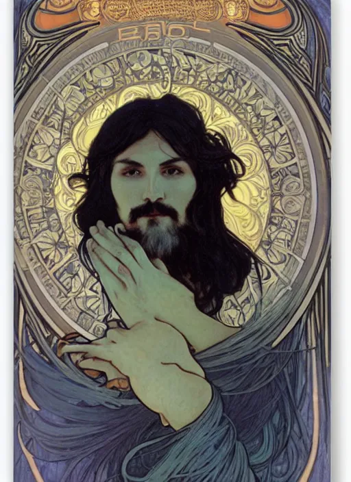 Prompt: portrait of an unkle blue moon with long black hair and beard, by alphonse mucha