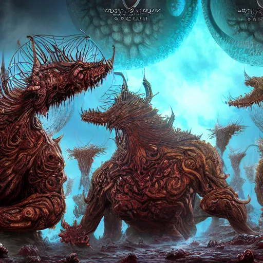 Prompt: Surreal zerg nightmare by visionary artist oozium and dom qwek in hyperdetailed surreal fantastic style Sacred geometry. Vectron. Unreal engine render. Cosmichorror by lyzergium.art 8k gigapixel render realistic