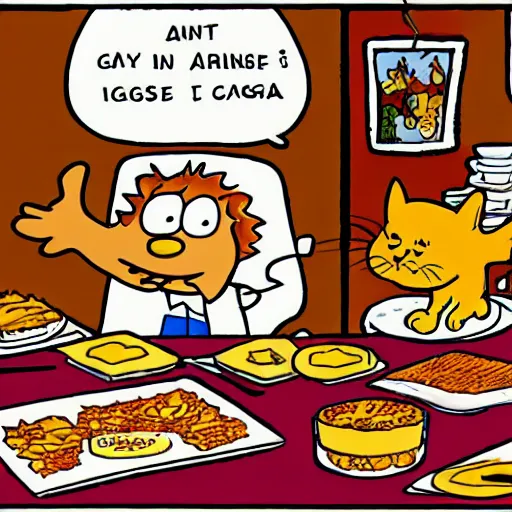 Image similar to fat orange tabby cat next to curly haired man and lasagna on table, by jim davis, garfield comic strip