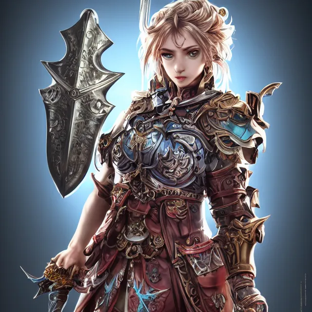 Image similar to studio portrait of lawful good colorful female holy shield paladin as absurdly beautiful, elegant, young sensual gravure idol, ultrafine hyperrealistic detailed face illustration by kim jung gi, irakli nadar, intricate linework, sharp focus, bright colors, matte, octopath traveler, final fantasy, unreal engine highly rendered, global illumination, radiant light, intricate environment