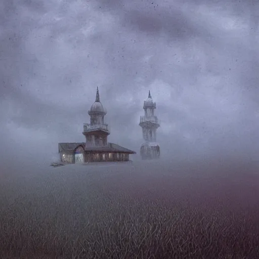 Prompt: a big mosque in a Village, horror, fog, foster, highly detailed, one house, fear, dark inside, dark mammatus cloud,hyper realistic, atmospheric lighting, beksinski