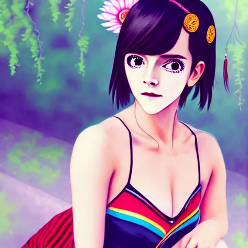 Image similar to a beautiful boyish emma watson alluring gravure model, wearing elegant japanese hiphop leotard outfit with subtle mayan patterns and native fashion, harajuku aztec fashion, gapmoe yandere grimdark, trending on pixiv fanbox, painted by samuel youn