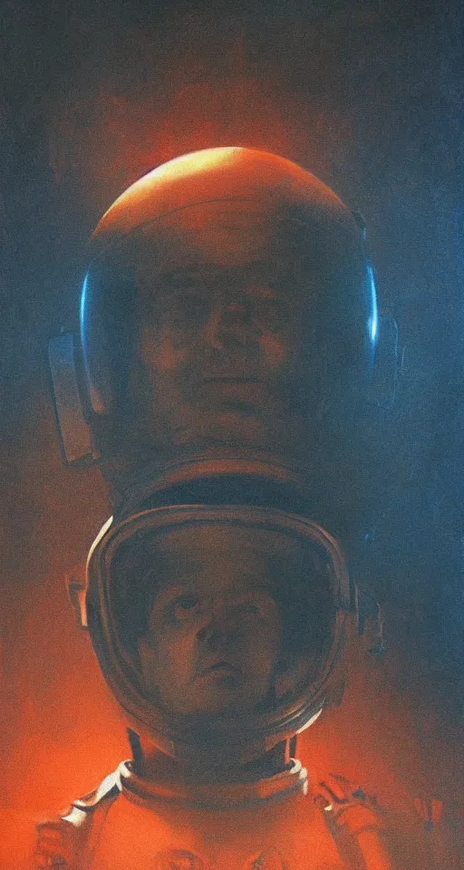 Prompt: Painting in a style of Beksinski featuring an astronaut, dramatic lighting, full face, very detailed, 8k, fog, portrait, movie scene, creepy