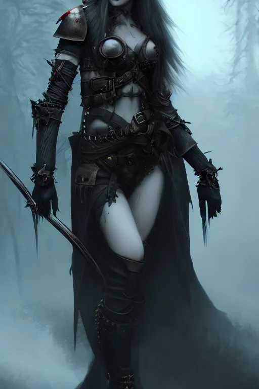 Image similar to dramatic atmospheric dark forest scenery, girl with vampire-fangs in hide leather armor, hyperdetailed, artstation, cgsociety, 8k
