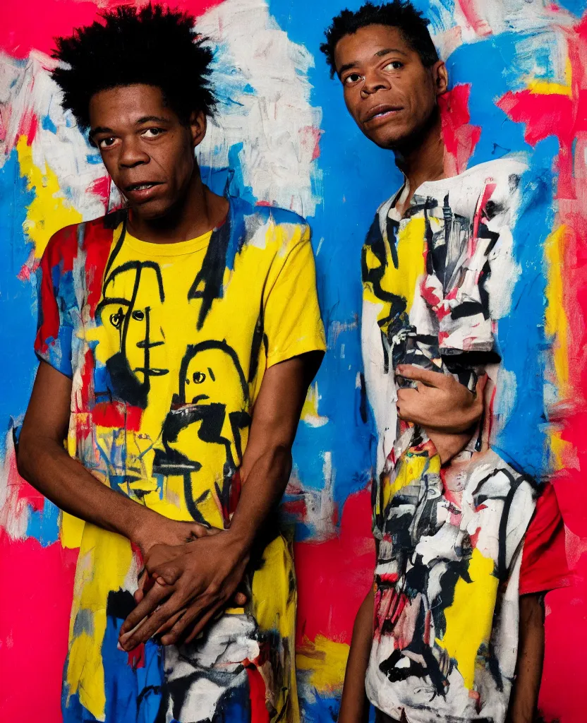 Image similar to dslr photo portrait still of basquiat with kurt cobain, 8 5 mm, f 1. 8 sears style portrait, color, photorealistic, 8 k