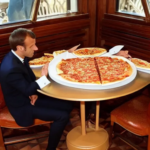 Prompt: macron eating pizza alone in a restaurant