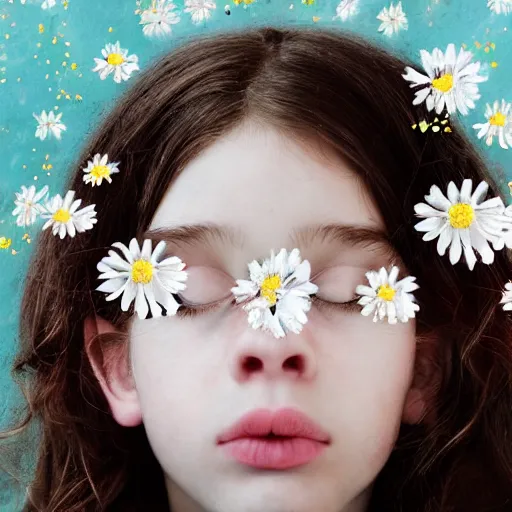 Image similar to girl looking up with flowers sprouting from her face, ethereal illustration