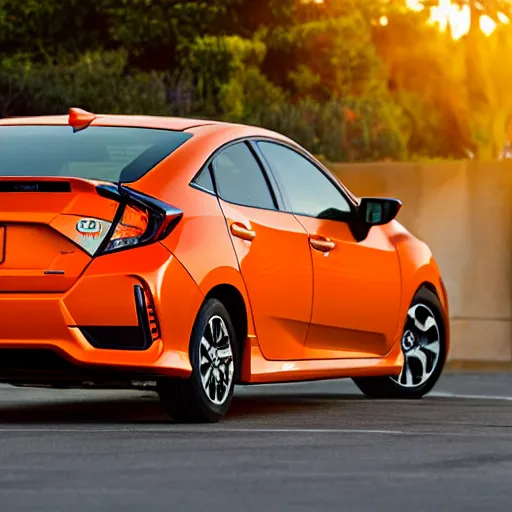 Image similar to a orange Honda Civic with tinted windows in the Bay Area California, dusk, high definition