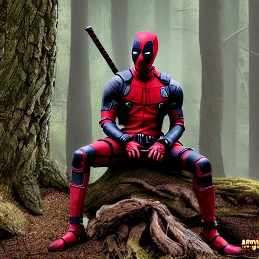 Image similar to deadpool and groot in the woods playing digital art 4 k detailed