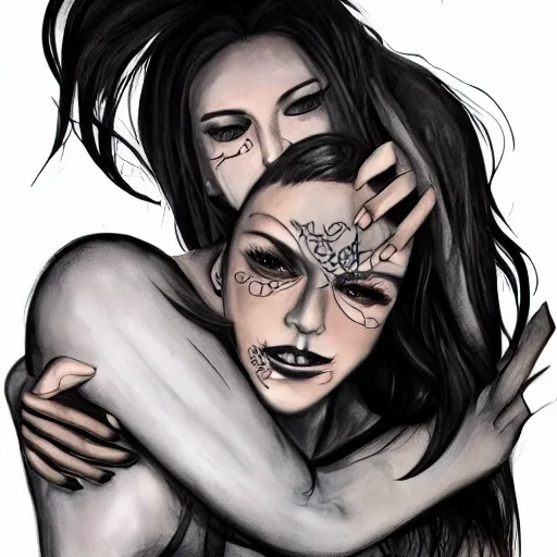 Prompt: Hot young woman, grey skin, void eyeballs, tattoos, wearing a leather jacket, hugging a shrouded person as they cry on her chest, concept art