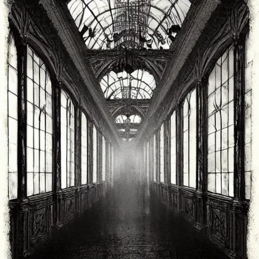 Prompt: a long hallway of mirrors. victorian interior, with many mirrors, spiders and spiderwebs everywhere, elegant design, haunting atmosphere, dark lighting, gothic, horror style, scary, swirling fog, volumetric lighting, by greg rutkowski, realistic, dutch angle,