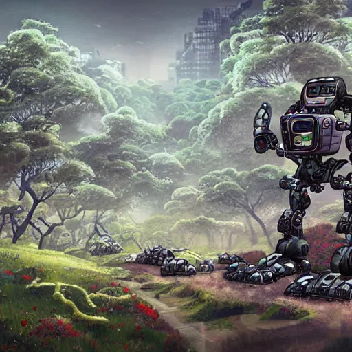 Prompt: a world full of robots overran by nature by akihiko yoshia and greg rutkowsk