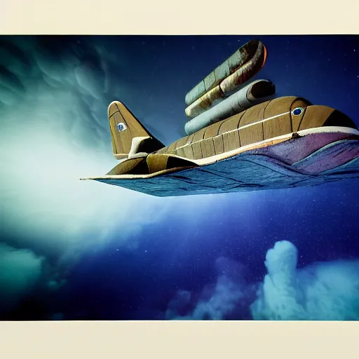 Prompt: dreamlike film photography of a 1800s wooden space shuttle at night underwater in front of colourful underwater clouds by Kim Keever. In the foreground floats a seasnake. low shutter speed, 35mm